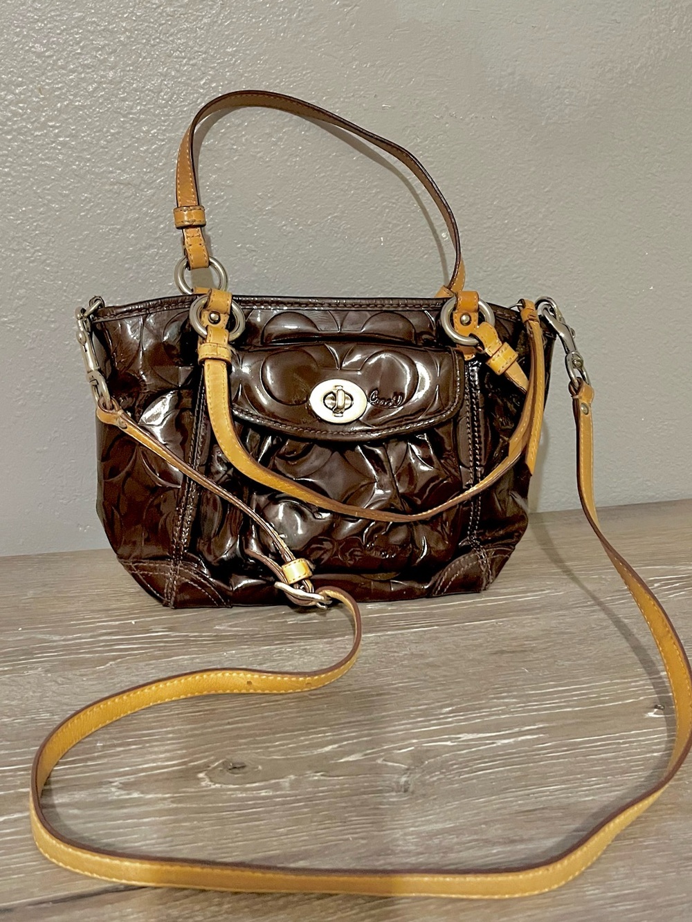 Coach bPatent Leather Signature Small Shoulder Bag in Dark Brown with Tan Straps